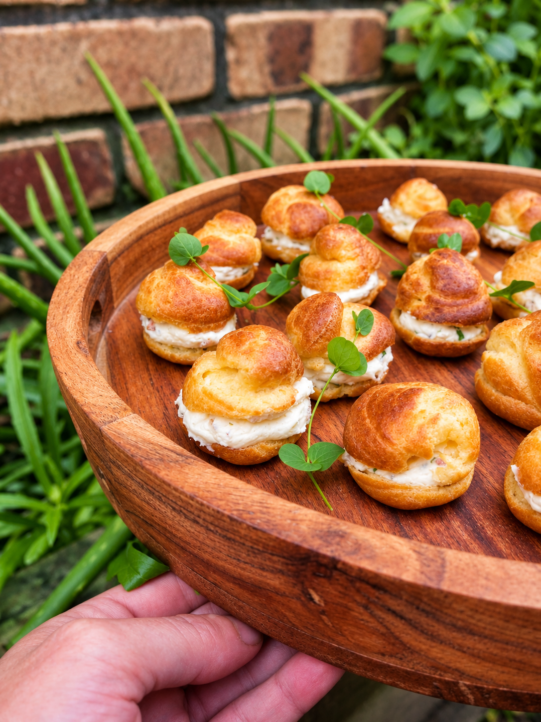 Savoury cream puffs with herb cream on wooden board