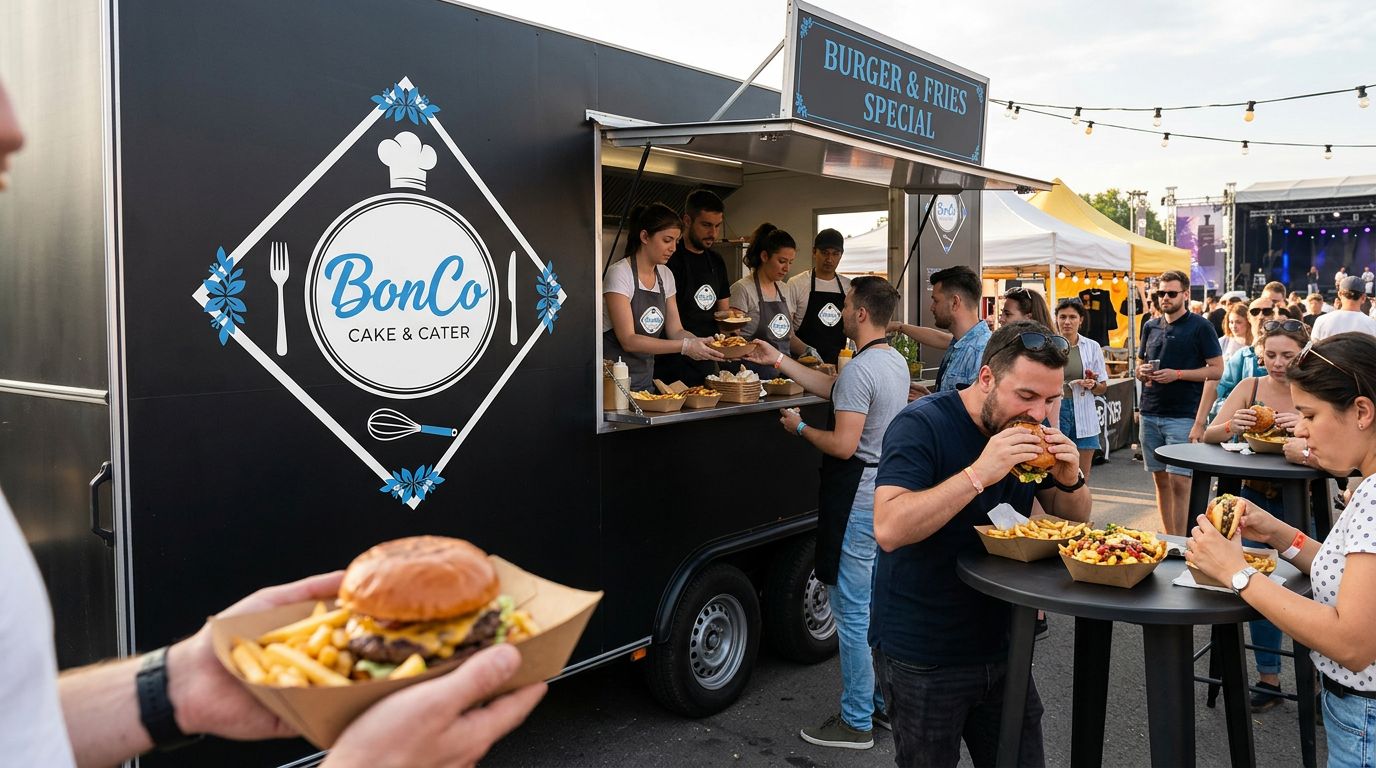 BonCo branded food trailer serving burgers at a festival