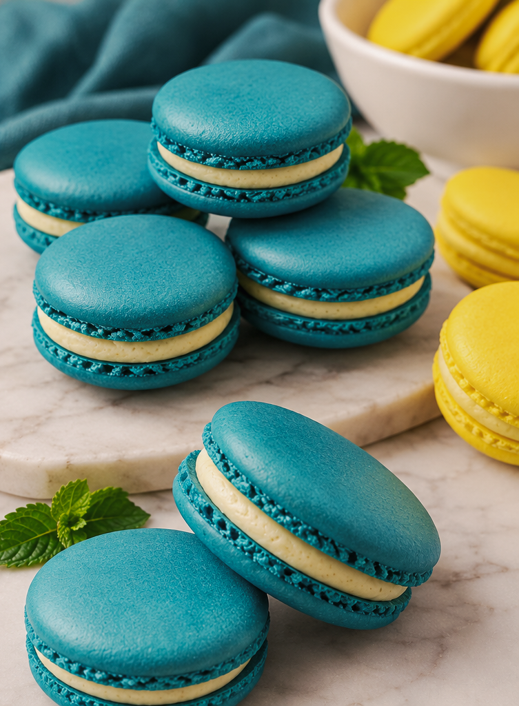 Blue and yellow macarons with vanilla cream on marble board