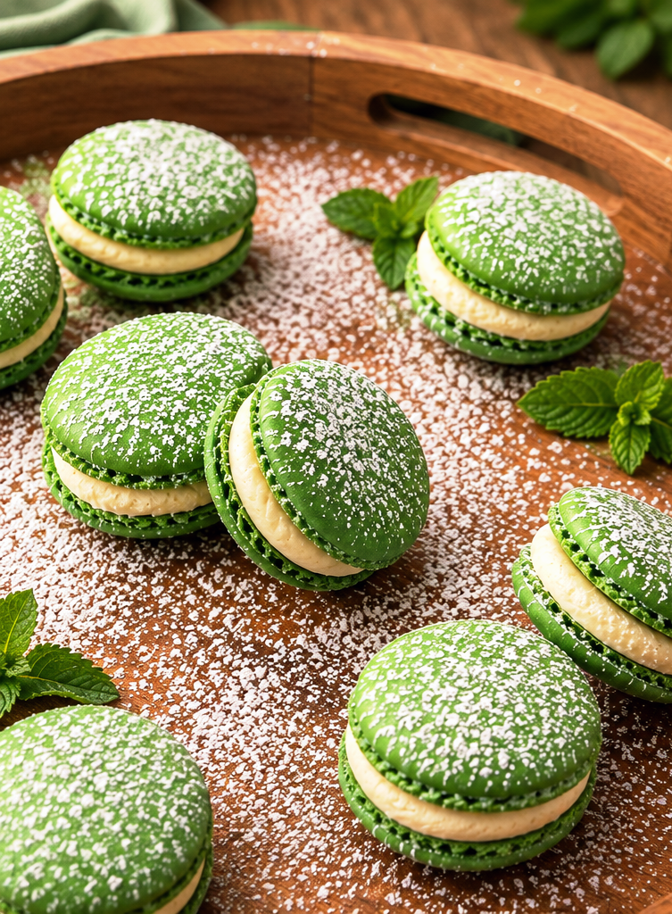 Green mint macarons with powdered sugar on wooden tray