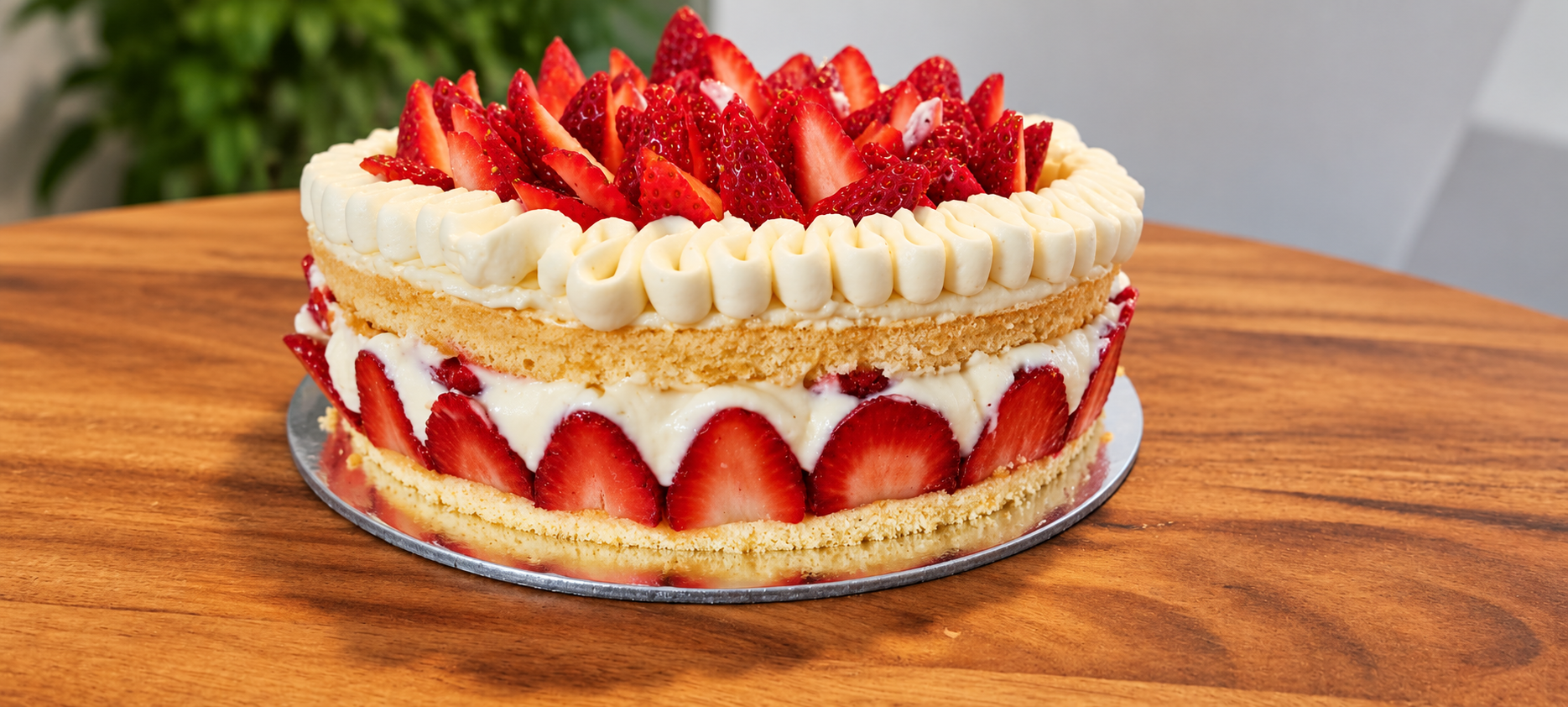 Strawberry fraisier cake with fresh strawberries and cream