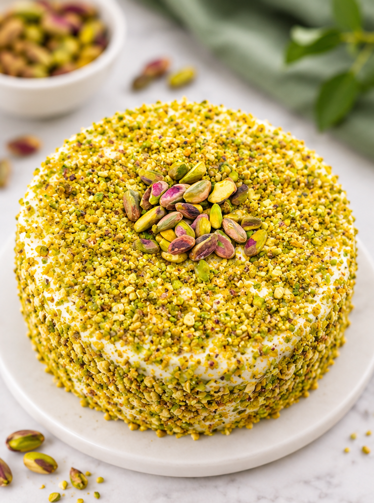 Pistachio cake covered in crushed pistachios
