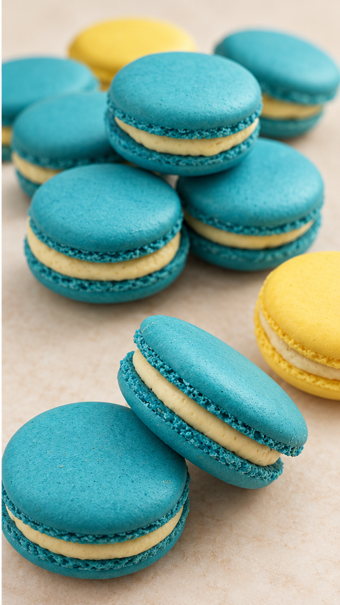 Blue and yellow macarons with cream filling
