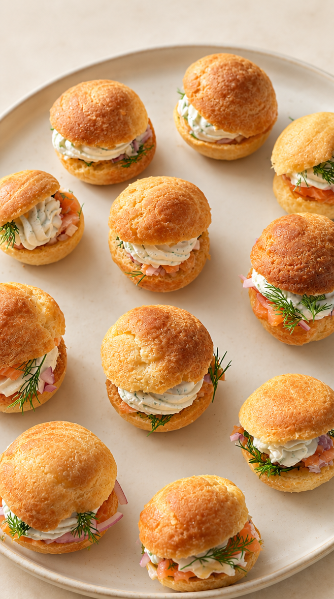 Salmon and dill cream puffs on ceramic platter