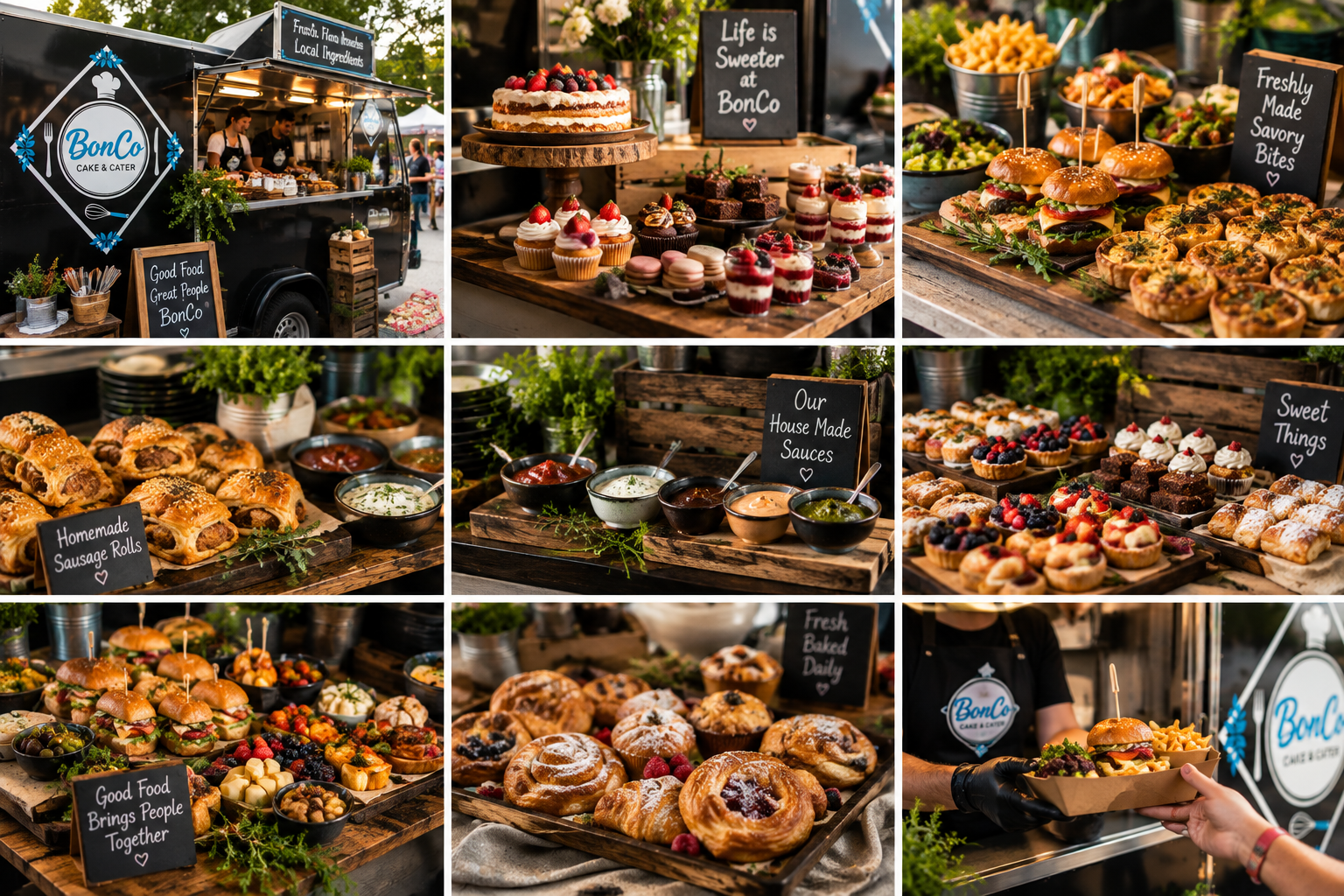 BonCo food trailer collage showing truck, sweets, sauces, sausage rolls, pastries and burgers