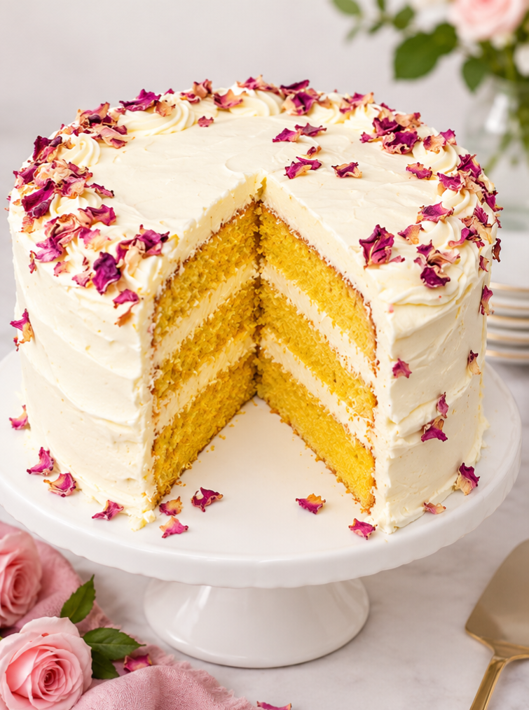 Rose petal layer cake with vanilla buttercream and dried rose petals