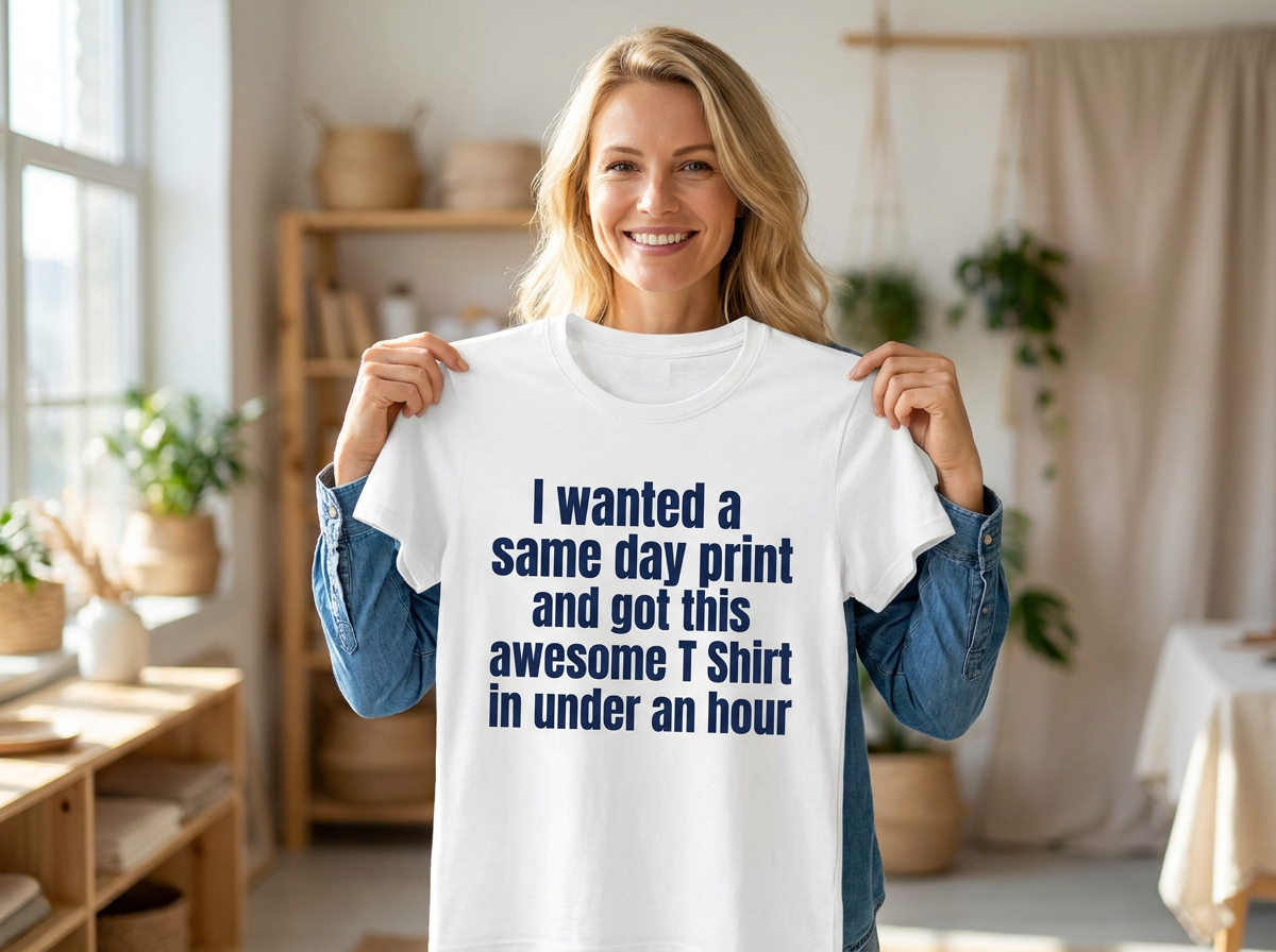 Same-Day Custom T-Shirt Printing Sydney — Walk In and Walk Out Wearing It | Quality TShirts Sutherland Happy customer smiling and holding up her same-day custom printed t-shirt at Quality TShirts in Sutherland, Sydney — ready in under an hour
