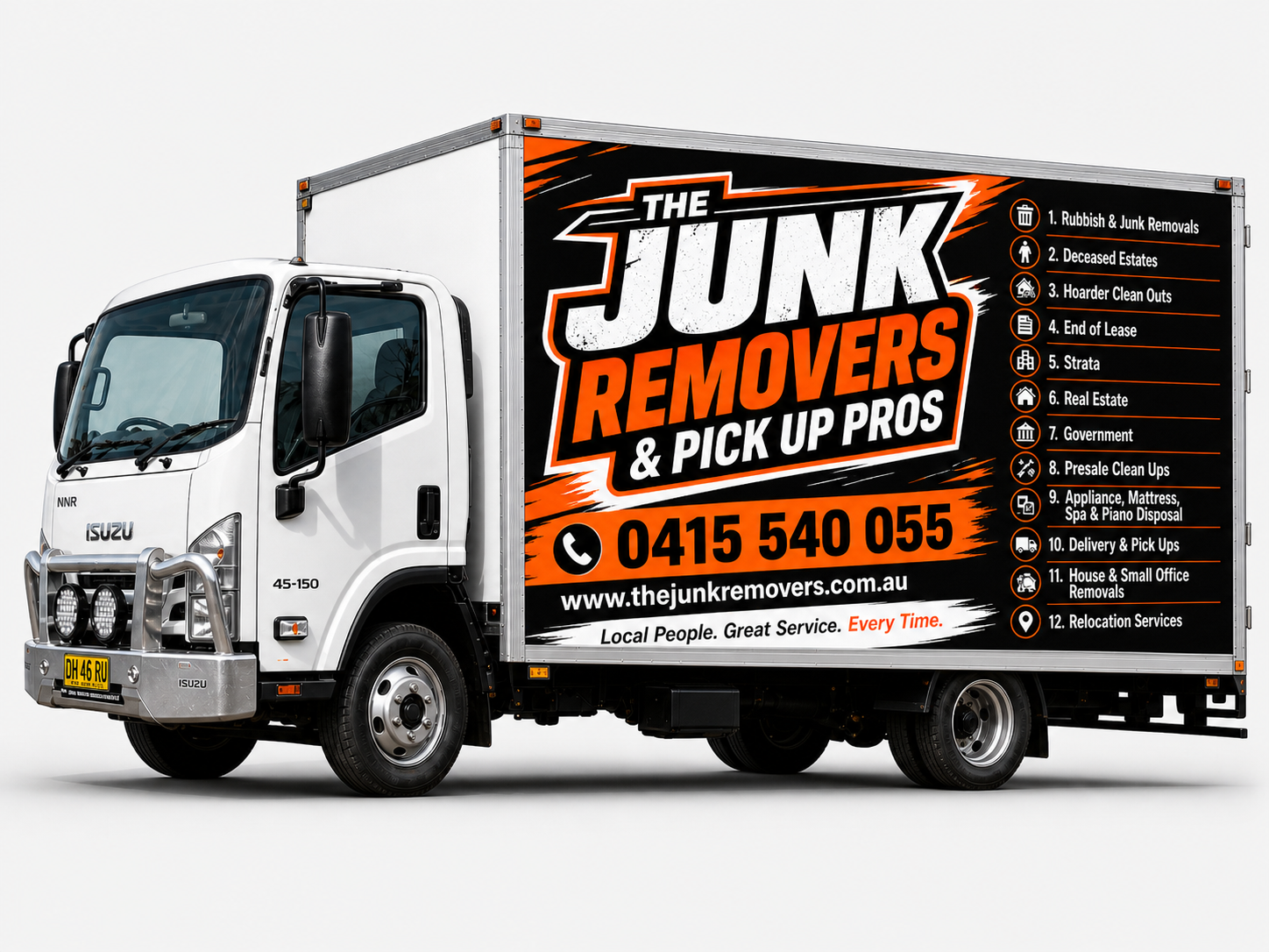 The Junk Removers & Pick Up Pros branded Isuzu NNR Pantech truck - professional rubbish removal and pickup delivery Coffs Harbour