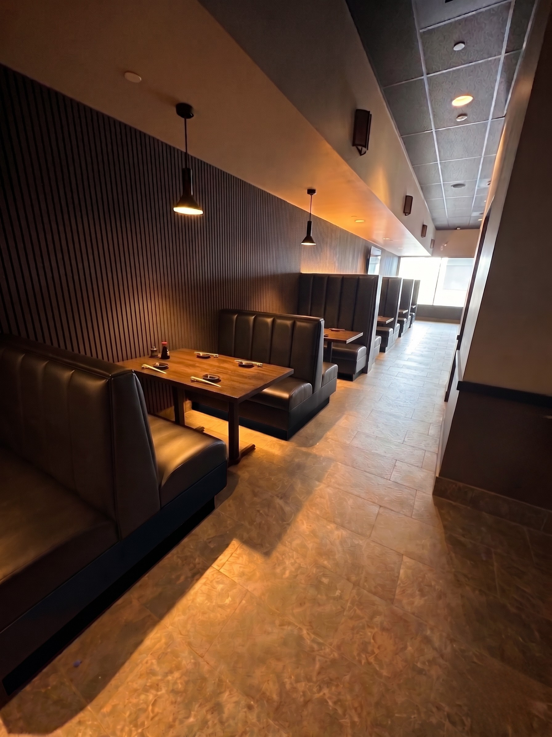 Custom banquette seating fabricated and installed by California Woodworking for Kazuya Japanese Restaurant in Moorpark CA