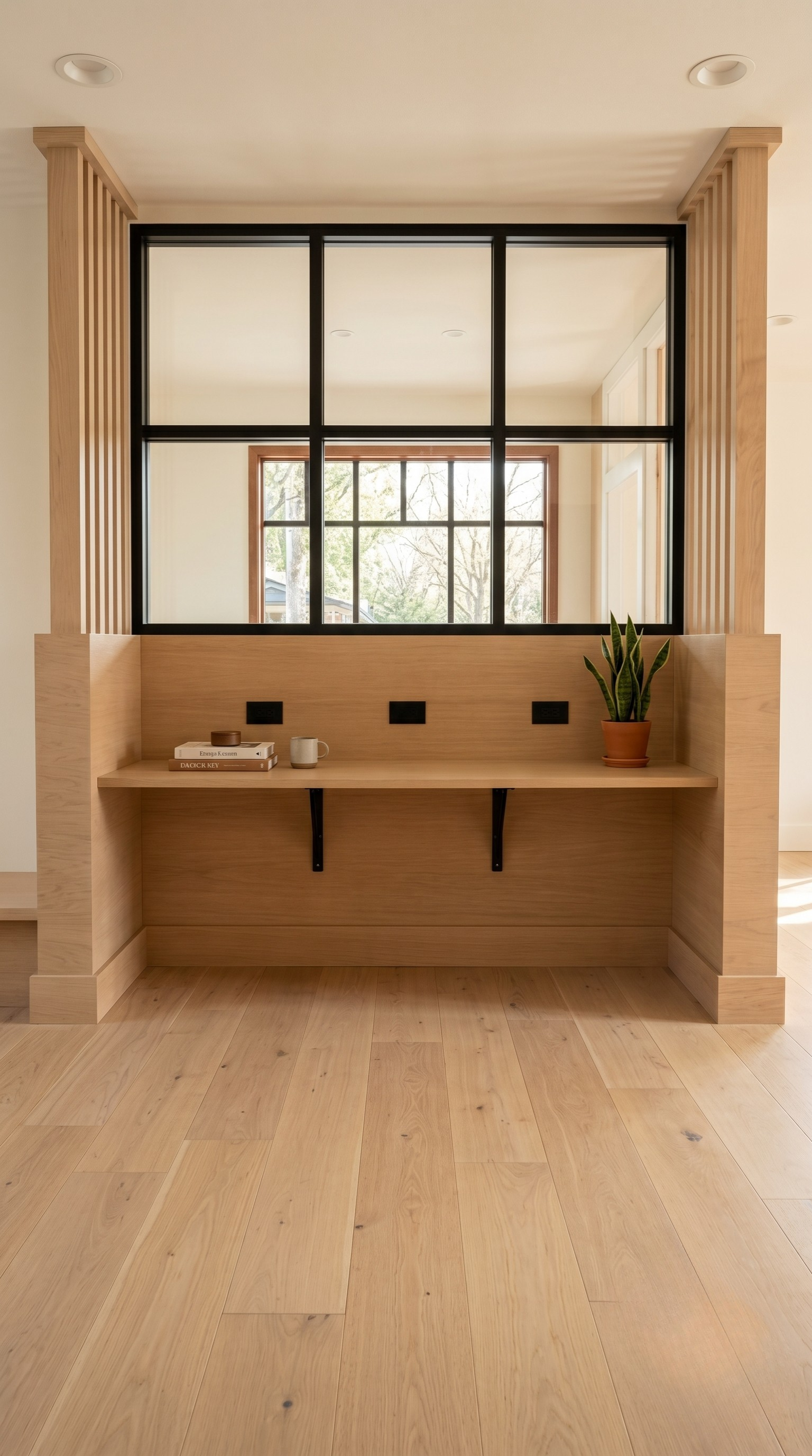 Light maple wood veneer cabinetry with architectural millwork wood slats and wall paneling for apartment complex business nook in Goleta CA